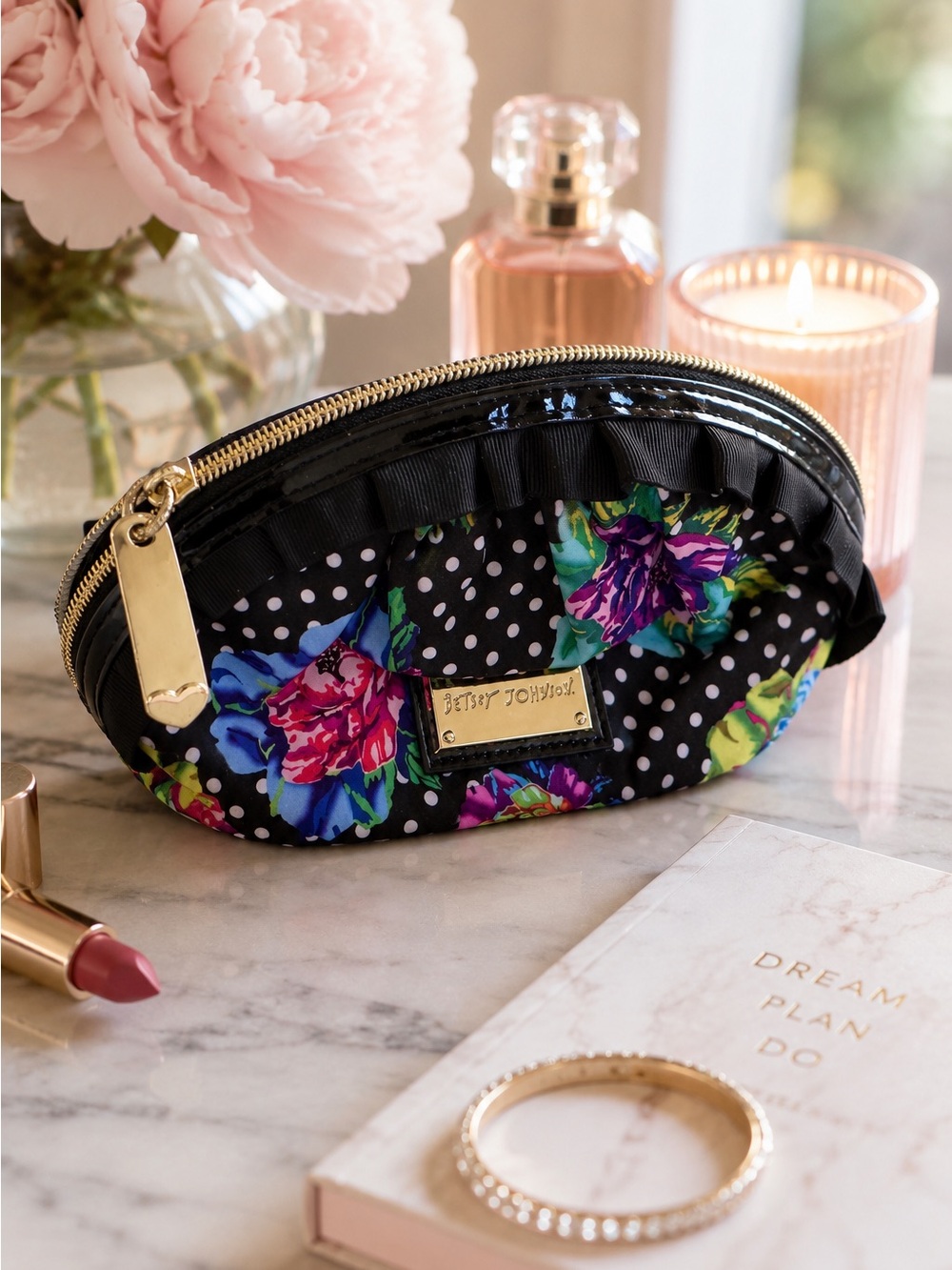 Betsey Johnson Floral Polka Dot Ruffle Cosmetic Makeup Bag Travel Zip Pouch Case